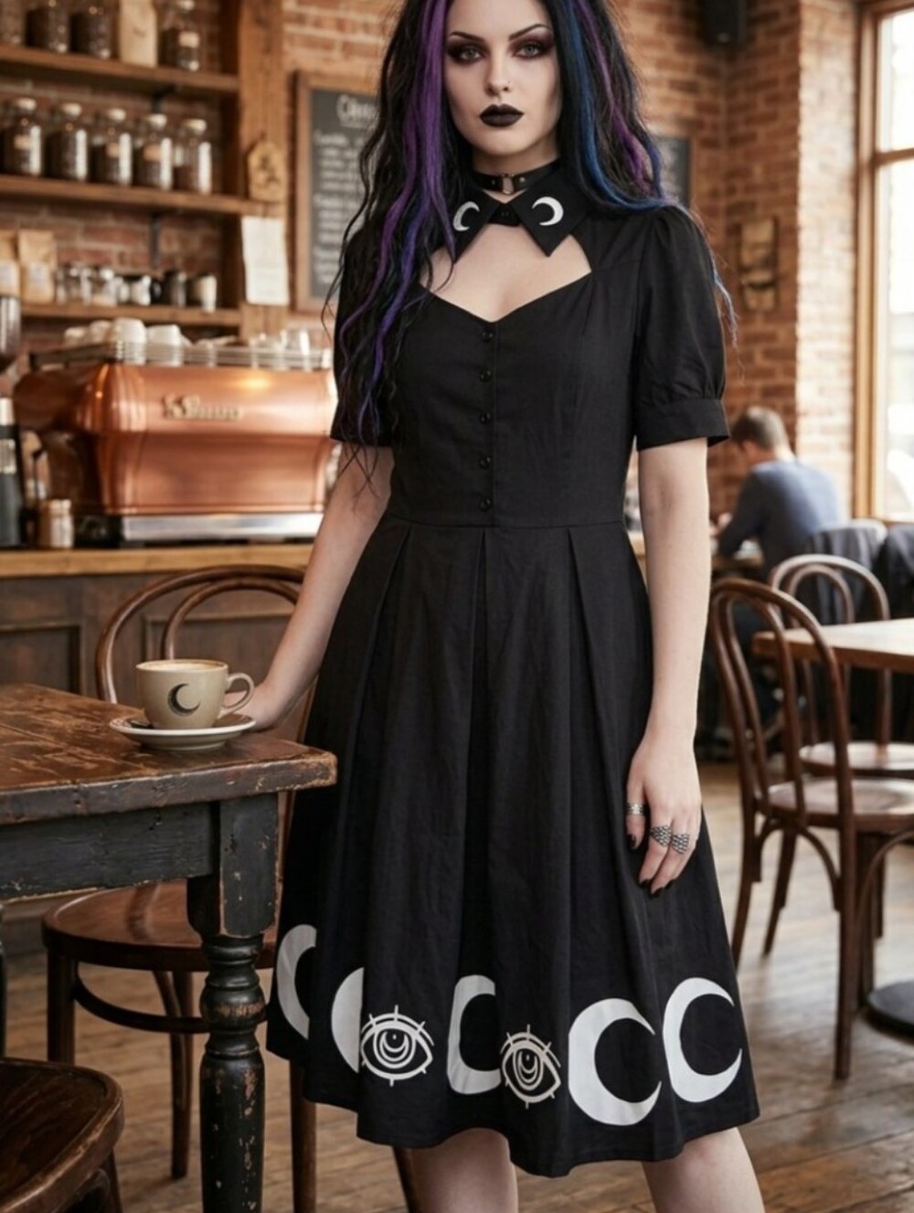 ROMWE Gothic Dress Small Black Celestial Moon Eye Print Peter Pan Collar